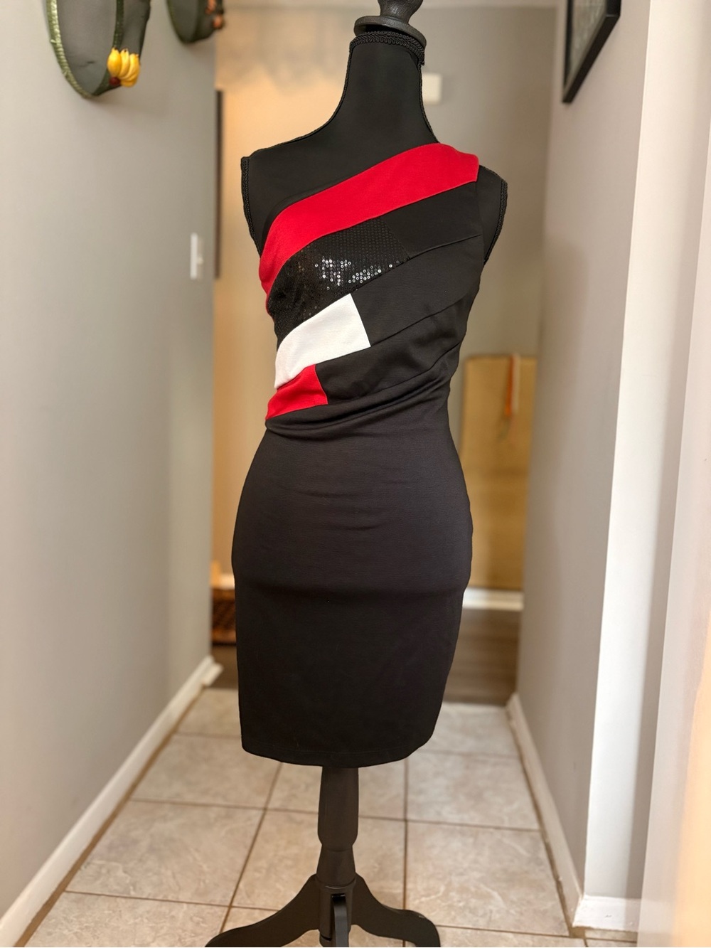 Jessica McClintock One-Shoulder Black Dress with Red and White Panels